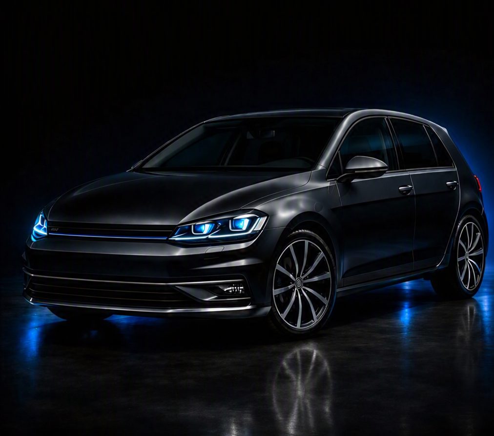 Veículo detalhado com iluminação neon azul, resultado do serviço Deivão Car
